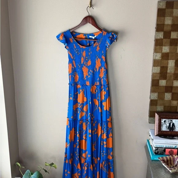 Anthropologie Blue Maxi Dress with Flutter Sleeves and Crew Neck - Picture 6 of 8